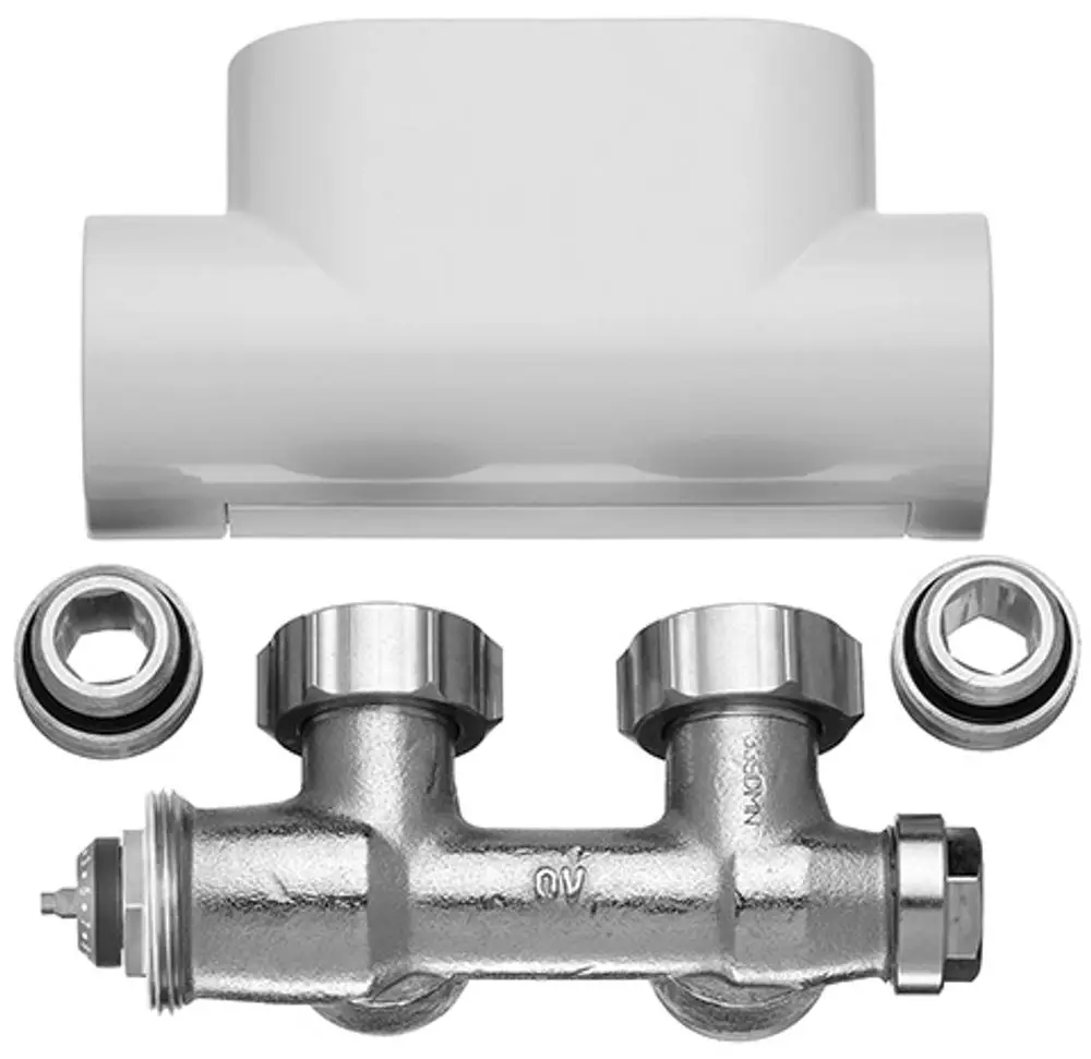 Kermi Ventilhahnblock Eck mit dynamischer Durchflussregelung und Blende aus Edelstahl, ZV02110003